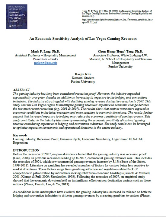 Economic Sensitivity las Vegas Gaming Revenues - Cover