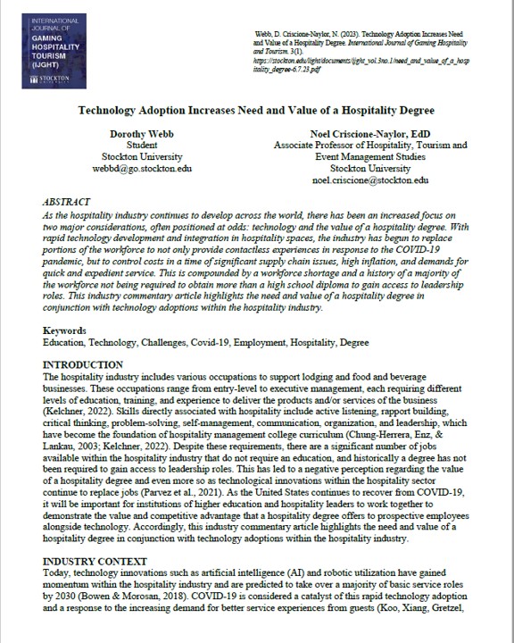 Technology Adoption Increases Need and Value of a Hospitality Degree-Cover Page